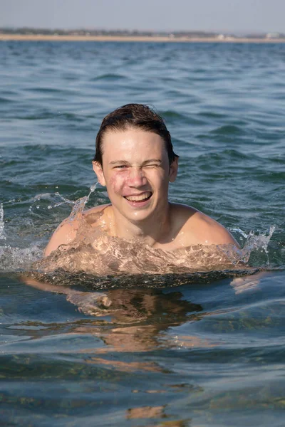 Year Old Teenage Boy Swimming Sea — Stok Foto