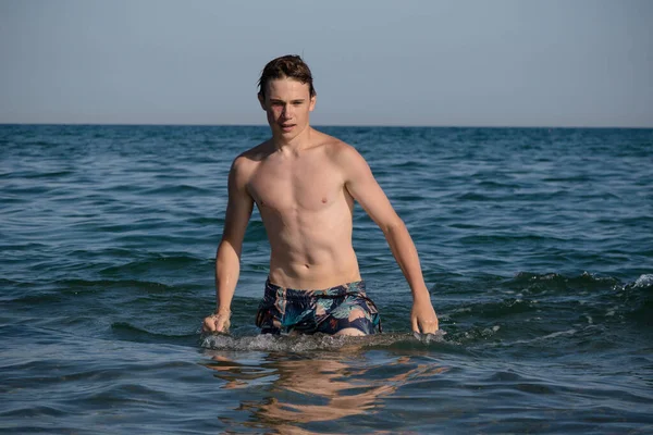 Year Old Teenage Boy Walking Out Sea — Foto Stock