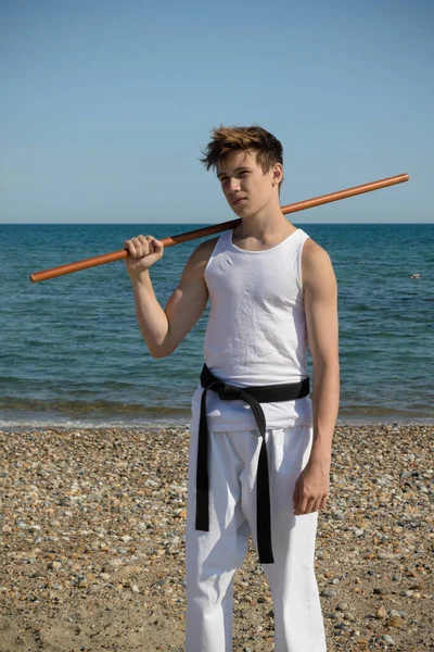 Year Old Teenage Black Belt Staff Beach — Stock Photo, Image