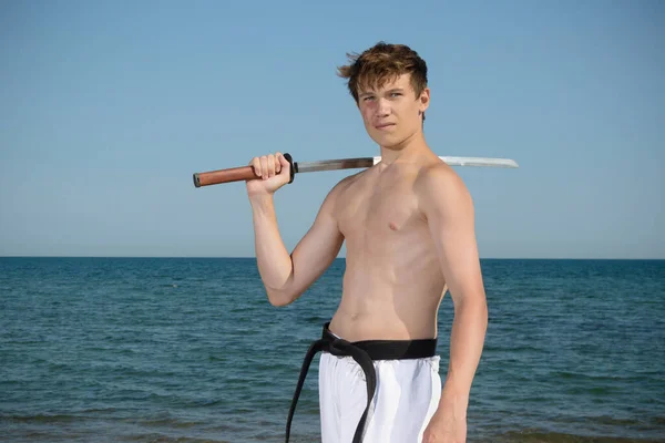 Shirtless Year Old Teenage Blackbelt Katana — 스톡 사진