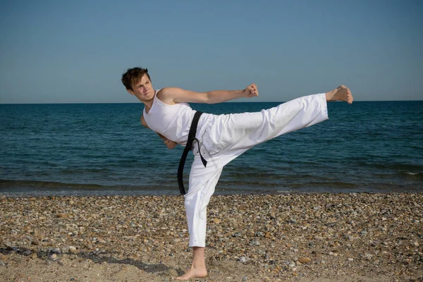 Year Old Teenage Black Belt Kicking — Stockfoto