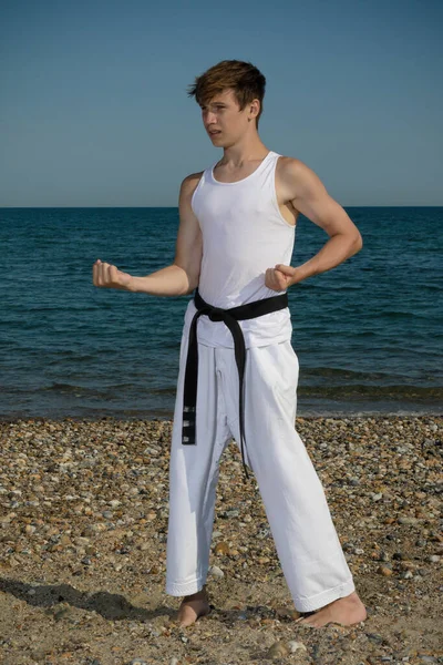 Year Old Teenage Black Belt Doing Karate Beach — Foto Stock