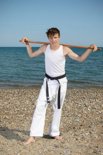 Year Old Teenage Black Belt Staff Beach — Stock Photo, Image