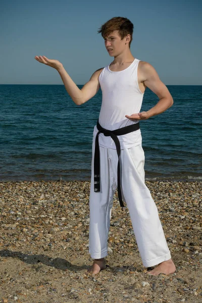 Year Old Teenage Black Belt Doing Karate Beach — Stock Fotó