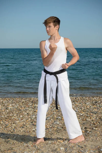 Year Old Teenage Black Belt Doing Karate Beach — Foto de Stock