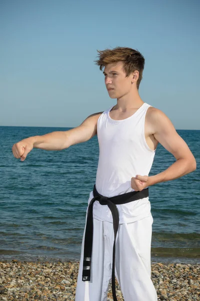 Year Old Teenage Black Belt Doing Karate Beach — Stock Fotó