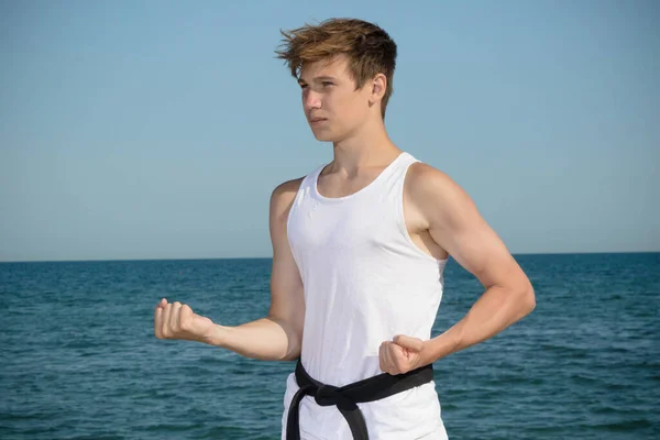 Year Old Teenage Black Belt Doing Karate Beach — Stock fotografie