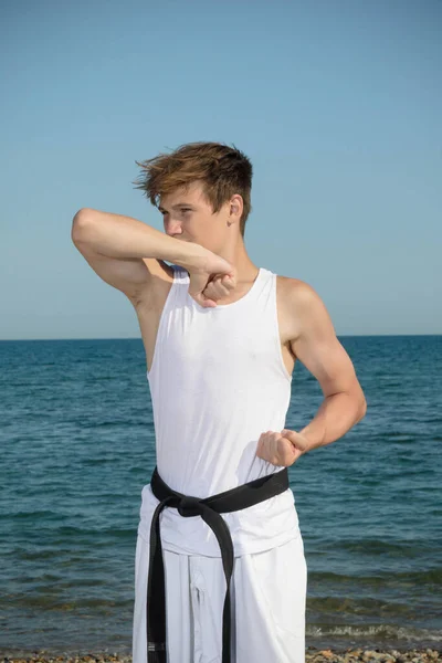 Year Old Teenage Black Belt Doing Karate Beach — Stock Fotó