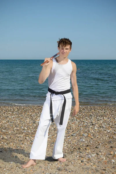 Year Old Teenage Black Belt Staff Beach — Stock Photo, Image