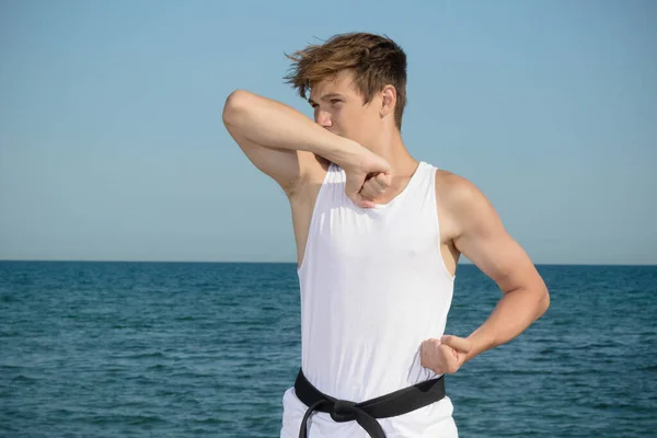 Year Old Teenage Black Belt Doing Karate Beach — Foto Stock