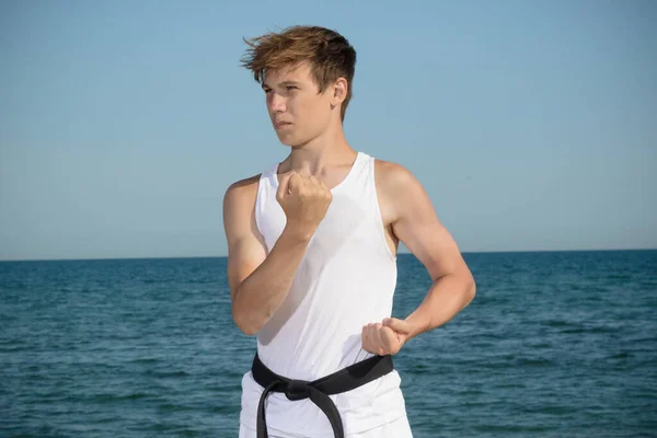 Year Old Teenage Black Belt Doing Karate Beach — Stock Fotó