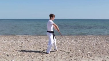 Teenage Boy Doing Karate on A Beach