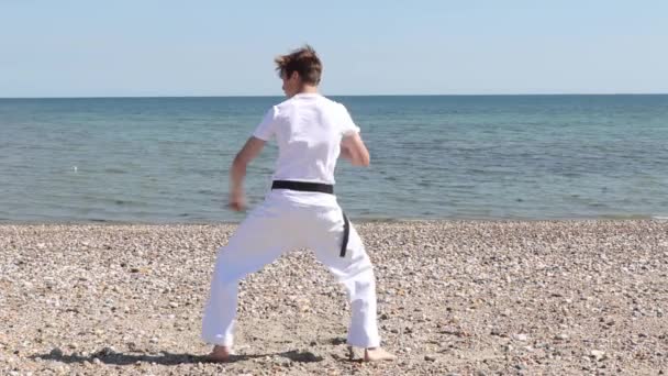Teenage Boy Doing Karate Beach — 图库视频影像