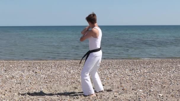 Teenage Boy Doing Karate Beach — Vídeos de Stock