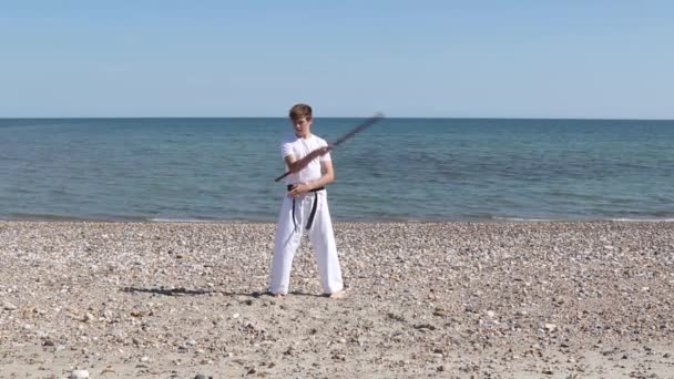 Teenage Boy Doing Karate Beach — Stock Video