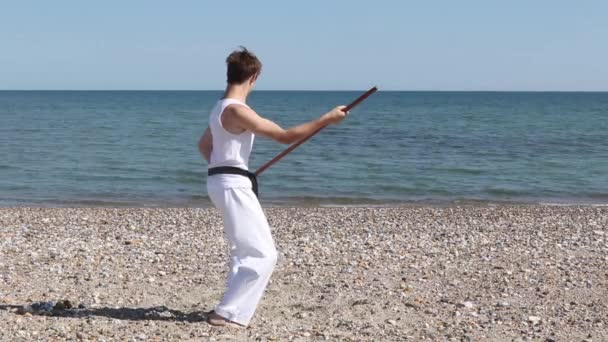 Teenage Boy Doing Karate Beach — Stock video