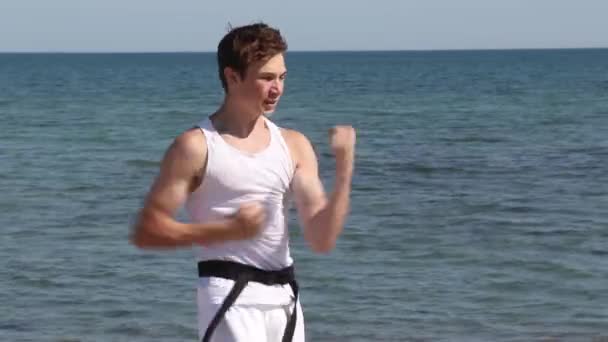 Teenage Boy Doing Karate Beach — Vídeos de Stock