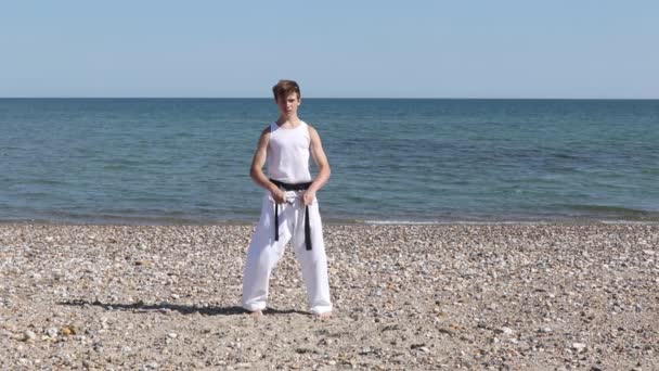 Teenage Boy Doing Karate Beach — Stok video