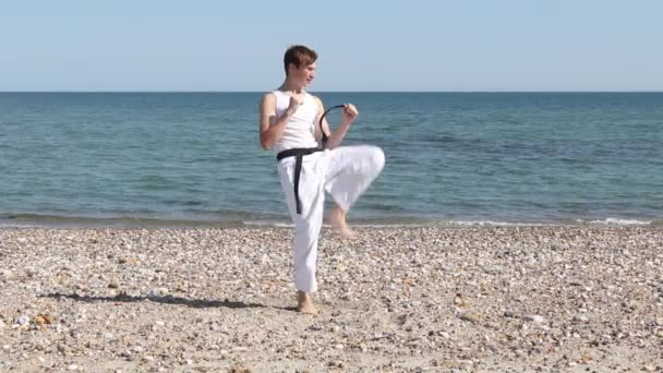 Teenage Boy Doing Karate Kicks Beach — Stockvideo