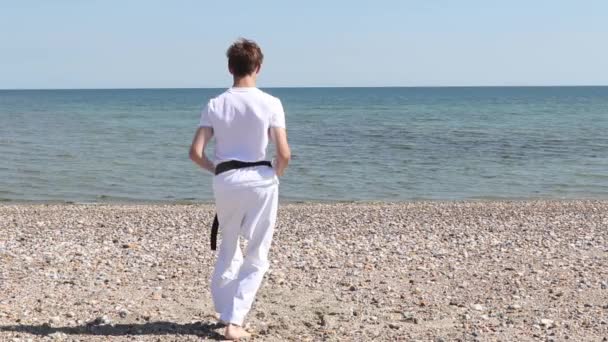 Teenage Boy Doing Karate Beach — ストック動画