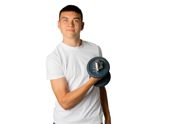 Jaar Oud Tiener Jongen Doet Biceps Oefeningen — Stockfoto