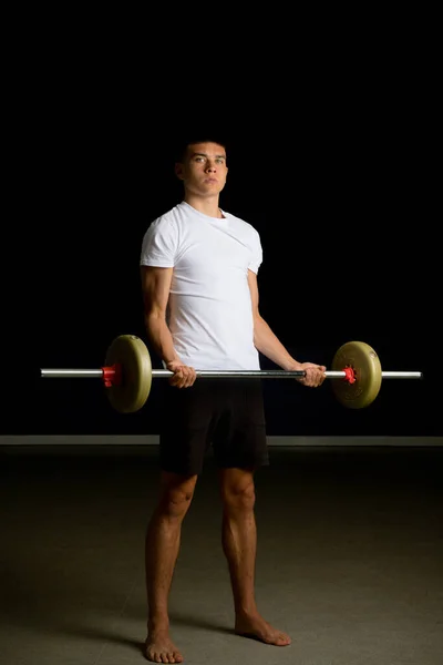 Year Old Teenage Boy Excercising His Biceps Barbell — Stock Photo, Image