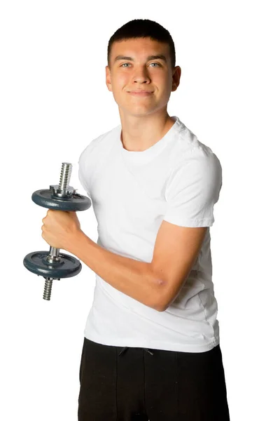 Jaar Oud Tiener Jongen Doet Biceps Oefeningen — Stockfoto