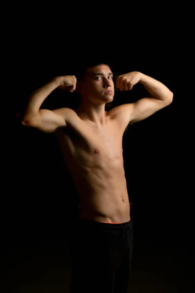 Shirtless Year Old Teenage Boy Flexing His Arms Black Background — Stock Photo, Image
