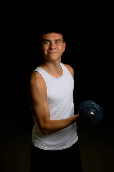 Year Old Teenage Boy Wearing Tank Top Using Dumbbells — Stock Photo, Image