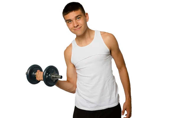 Year Olf Teenageboy Wearing Tanktop Lifting Dumbbell — Stock Photo, Image