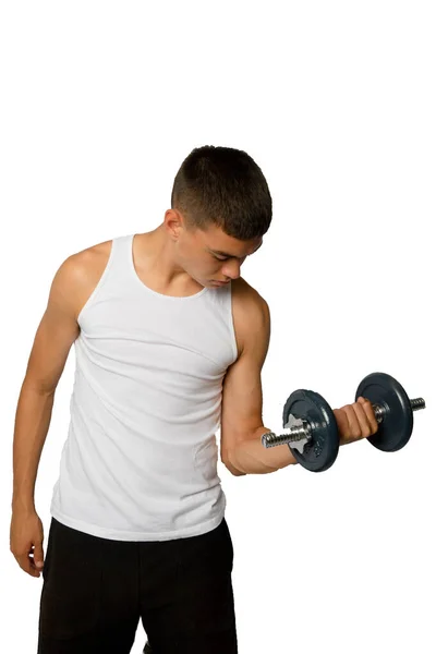 Year Olf Teenageboy Wearing Tanktop Lifting Dumbbell — 스톡 사진