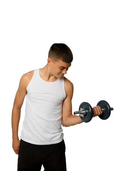 Year Olf Teenageboy Wearing Tanktop Lifting Dumbbell — 스톡 사진