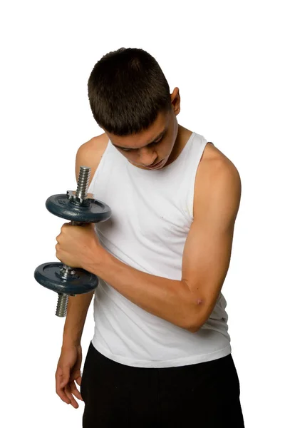 Éves Tinédzser Fiú Egy Tanktopban Bicepszgyakorlatozik — Stock Fotó