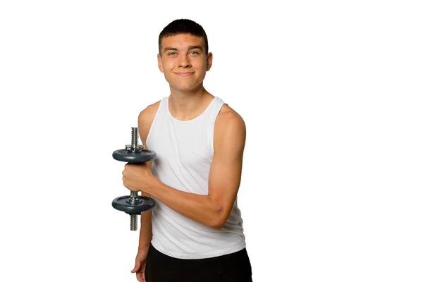 Year Old Teenage Boy Tank Top Exercising His Biceps — Stock Photo, Image