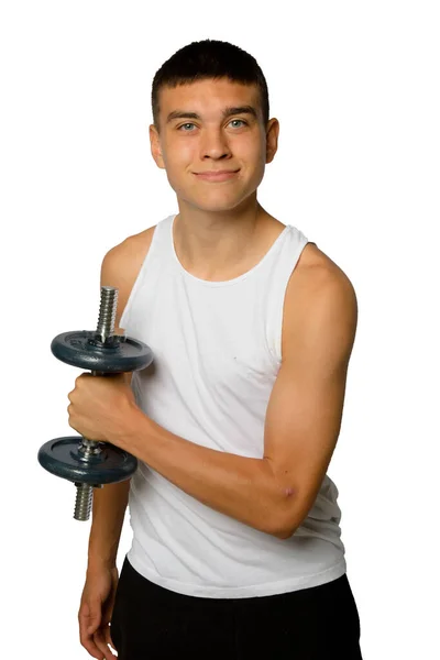 Year Old Teenage Boy Tank Top Exercising His Biceps — Stock Photo, Image