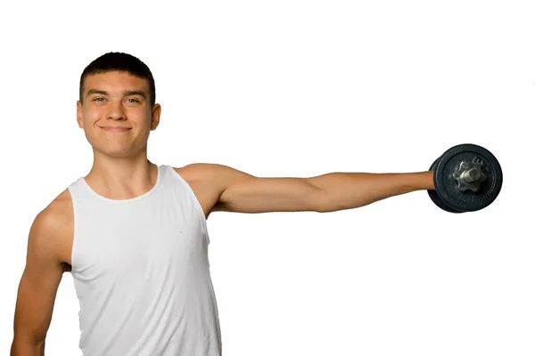 Year Old Teenage Boy Wearing Tanktop Lifting Dumbbells — Stock Photo, Image