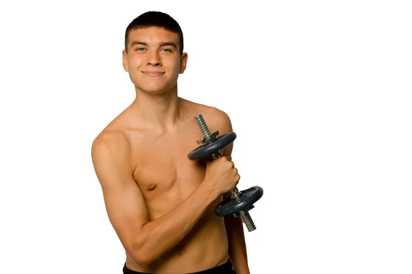 Sem Camisa Anos Adolescente Menino Levantando Halteres — Fotografia de Stock