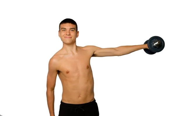 Shirtless Year Old Teenage Boy Lifting Dummbells — Stock Photo, Image