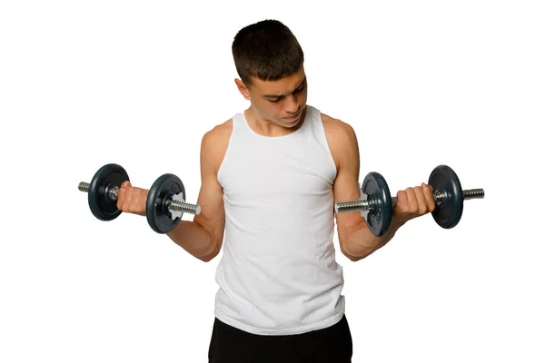 Year Old Teenage Boy Wearing Tankop Lifting Dumbbells Stock Picture