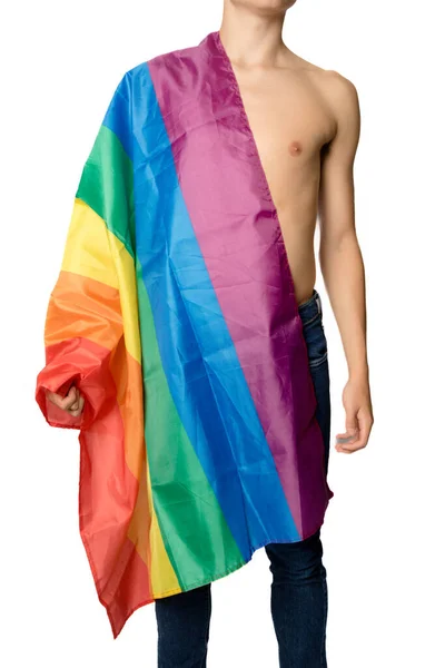 Shirtless Year Old Teenage Boy Wrapped Pride Flag — Stock Photo, Image