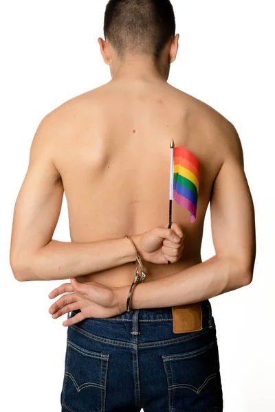 Shirtless Year Old Teenage Boy Pride Flags Handcuffs — Stock Photo, Image