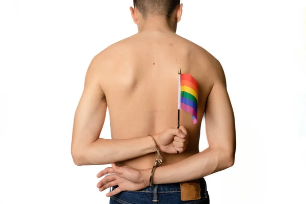 Shirtless Year Old Teenage Boy Pride Flags Handcuffs — Stock Photo, Image