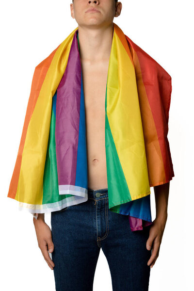 A Shirtless 19 Year Old Teenage Boy wrapped in A Pride Flag