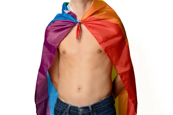 Shirtless Year Old Teenage Boy Wrapped Pride Flag — Stock Photo, Image