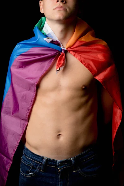 Shirtless Year Old Teenage Boy Wrapped Pride Flag — Stock fotografie