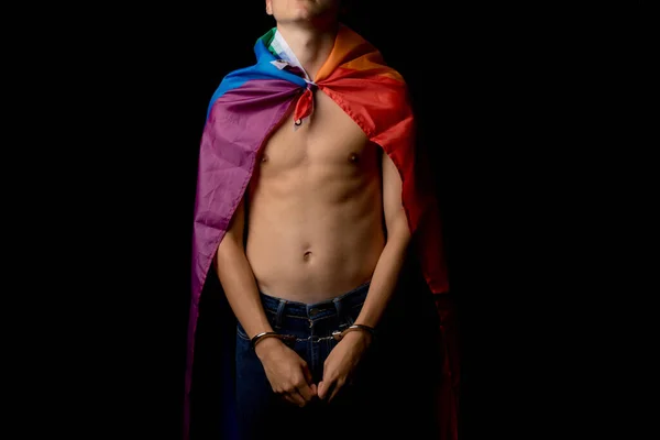 Ragazzo Adolescente Senza Camicia Anni Avvolto Una Bandiera Dell Orgoglio — Foto Stock