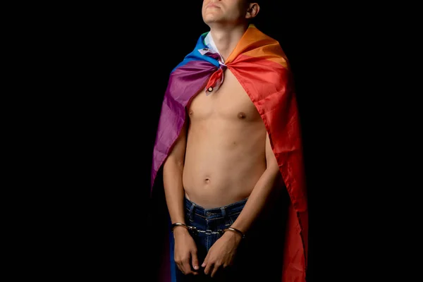 Shirtless Year Old Teenage Boy Wrapped Pride Flag Arrest — Stock Photo, Image