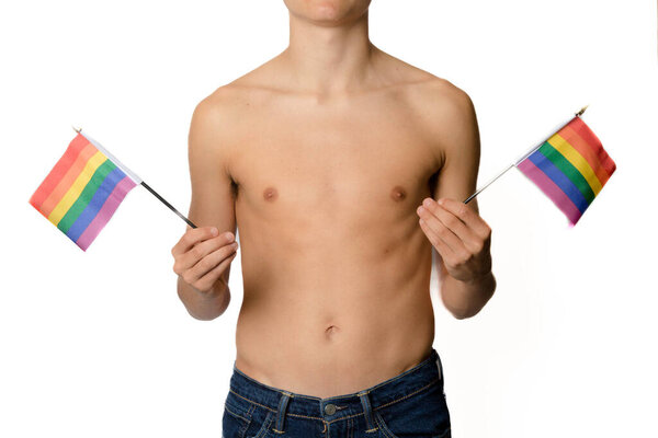 A Shirtless 19 Year Old Teenage Boy with Pride Flags
