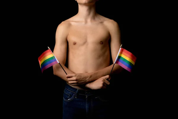 Adolescente Sin Camisa Años Con Banderas Orgullo —  Fotos de Stock