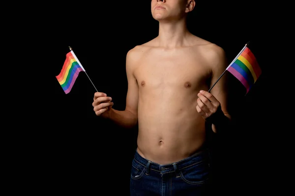 Adolescente Anos Sem Camisa Com Bandeiras Orgulho — Fotografia de Stock